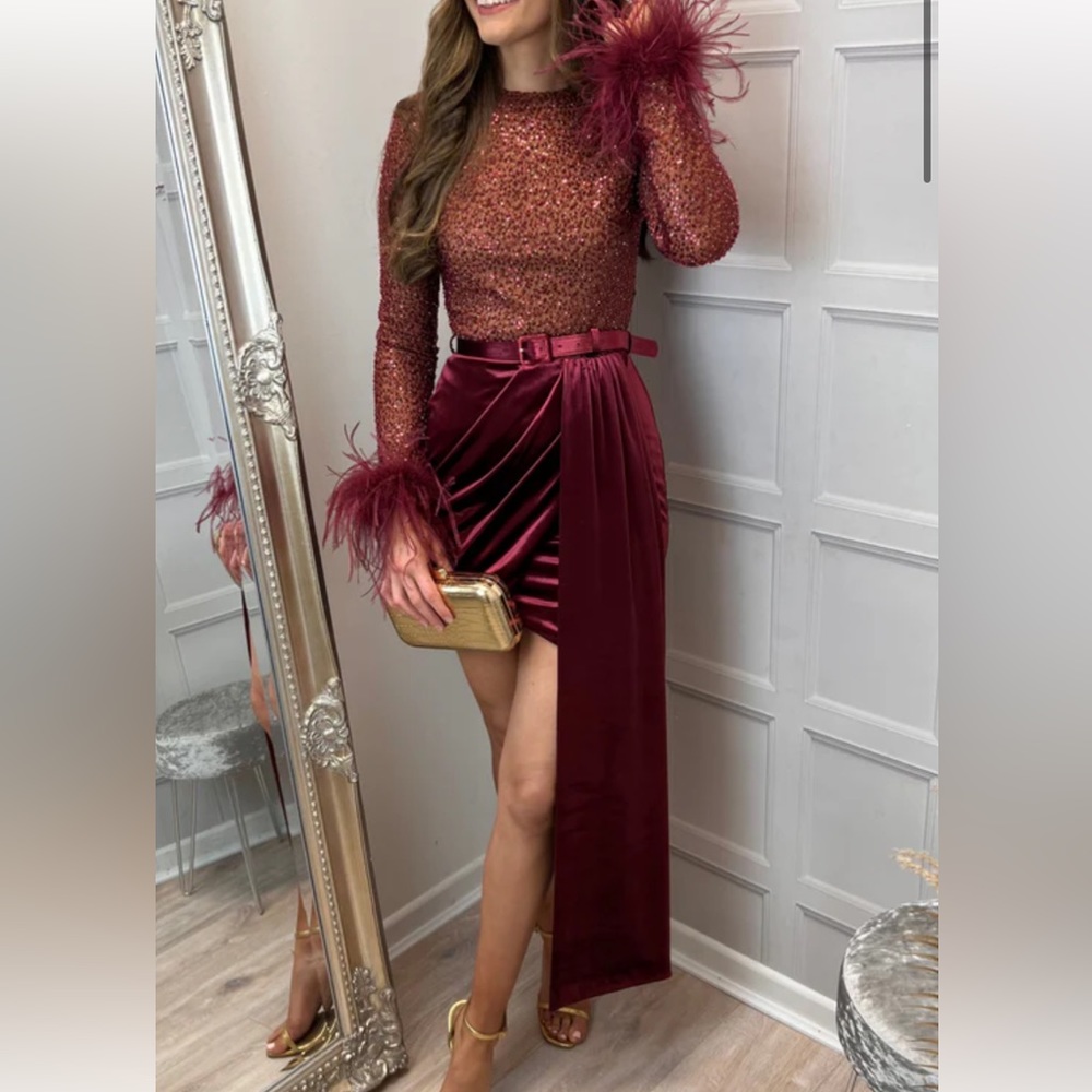 Lavish Alice beaded and sequin velvet mix mini dress in burgundy